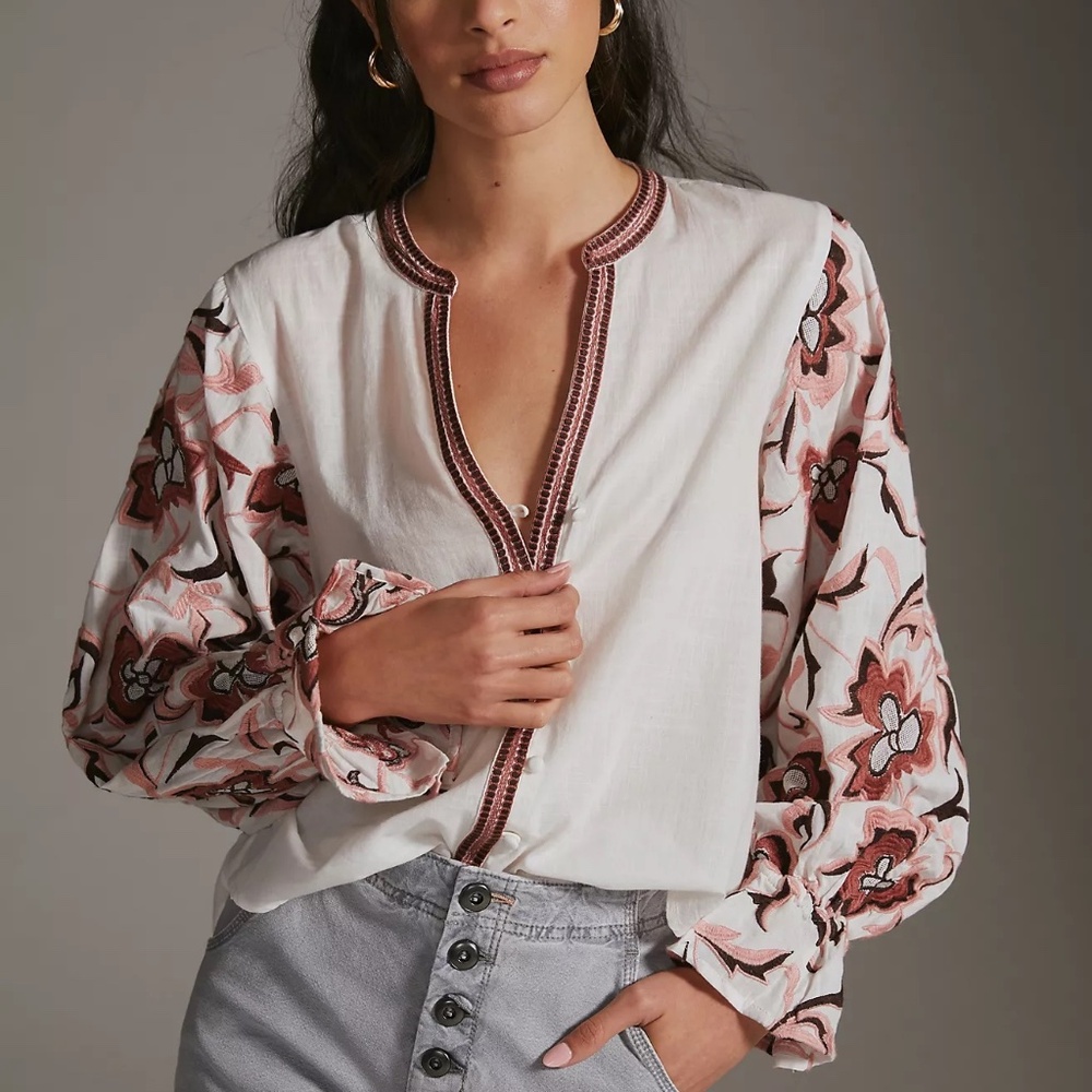 Anthropologie White Peasant Blouse with Pink Floral Embroidered Sleeves
